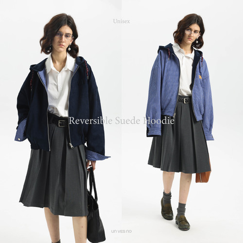 【双面穿】Unvesno(UN)25春夏miu风复古智感麂皮绒格纹帽衫外套