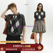 MIU系格雷风复古学院菱格纹刺绣针织POLO毛衣背心秋季 Unvesno