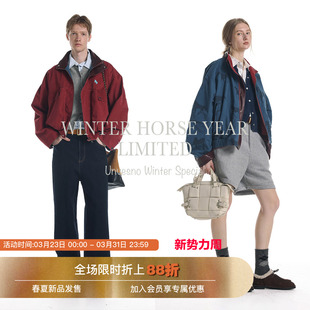 【马年限定 双面穿】Unvesno(UN)怀旧红洗褪马年满印皮领短阔夹克