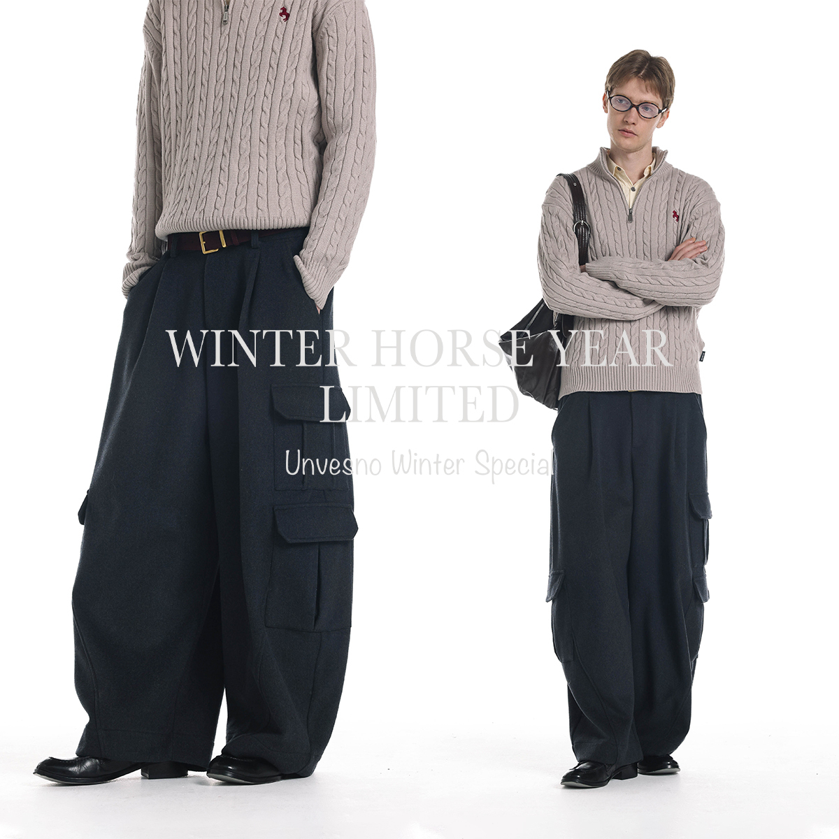 Unvesno(UN)老钱风高克重羊毛混纺呢多口袋工装阔腿弯刀休闲裤