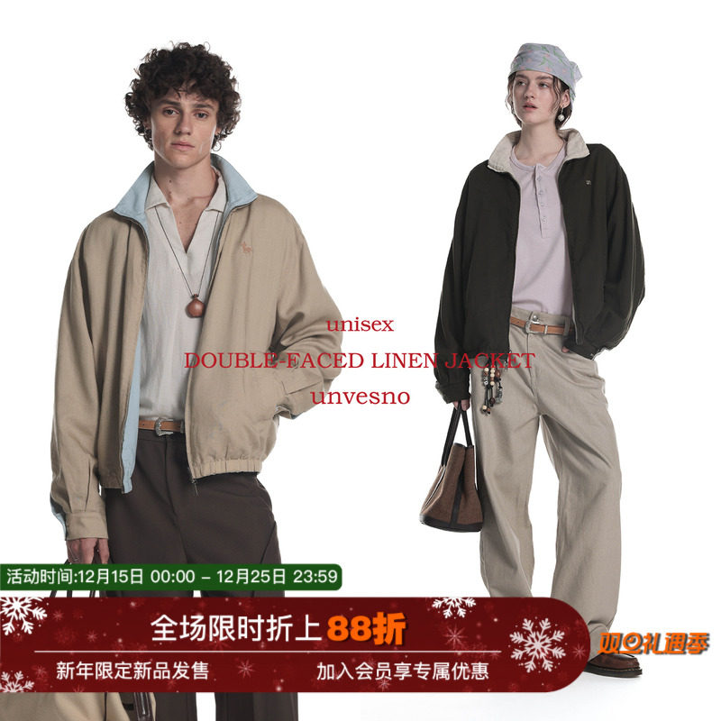【双面穿】Unvesno(UN)老钱LP风莱塞尔亚麻混纺撞色马标刺绣夹克