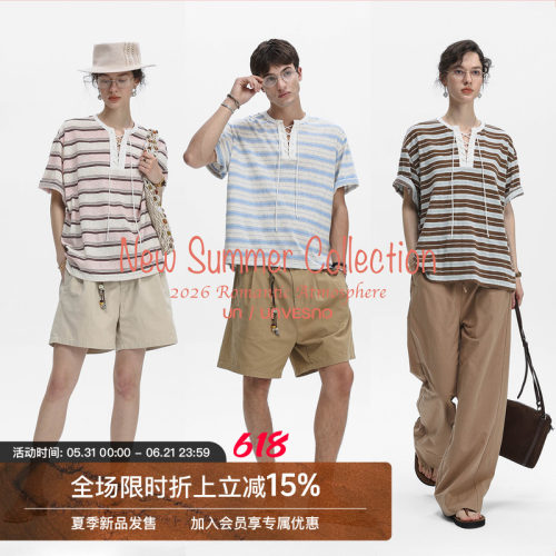 Unvesno(UN)Urban Resort都市度假休闲慵懒风条纹绑带亨利领T恤