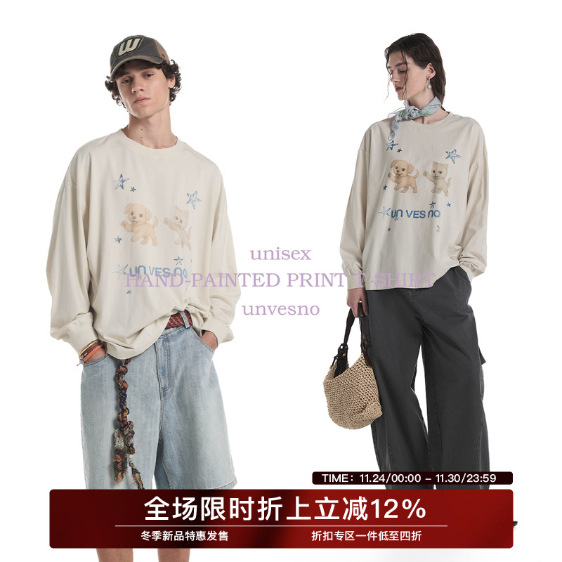 Unvesno(UN)手绘小猫小狗印花水洗基础宽松可爱趣味长袖T恤秋季