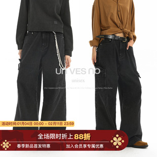 【可调节腰围】Unvesno(UN) Vintage黑牛水洗酵洗工装裤牛仔裤