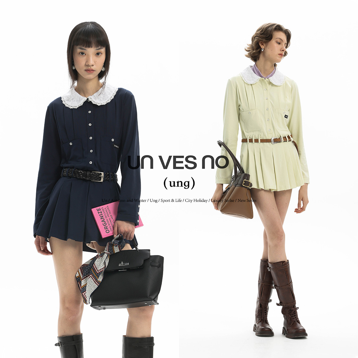 【两穿】Unvesno(UN) ung系列娃娃领蕾丝花边长袖百褶polo连衣裙