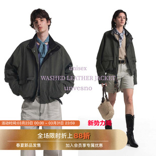 【复古洗水】Unvesno(UN)苍山绿中古皮领洗褪短廓型飞行夹克外套