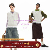 Ung7针V领提花带子纱毛衣针织马甲背心 蕾丝花边 Unvesno