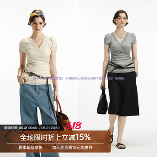 【92%莱赛尔】Unvesno(UN)V领蕾丝花边交叠捏折修身正肩女款短袖