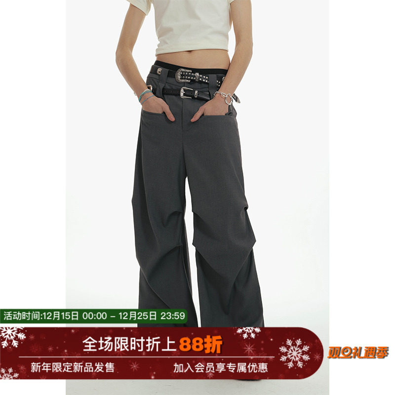 Unvesno (UN) 双腰头美拉德风秋冬基础打褶廓形休闲裤垂感西裤