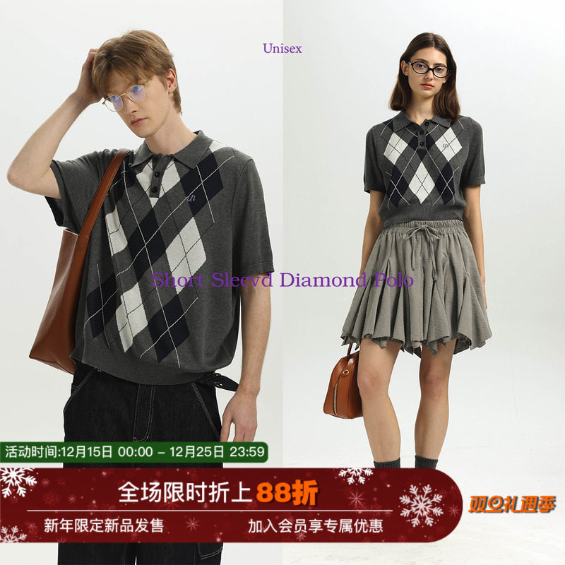 Unvesno(UN)MIU系格雷风复古学院菱格纹刺绣针织POLO毛衣背心秋季