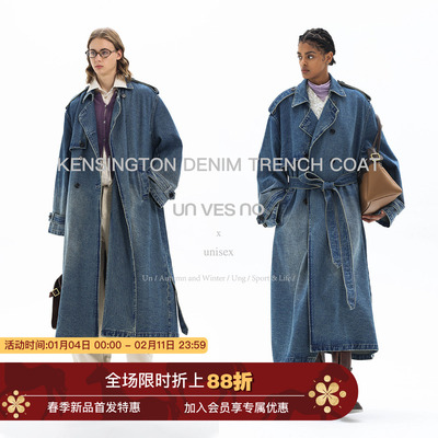 【做旧水洗】Unvesno(UN)ROW风复古双排扣牛仔长款风衣外套秋季