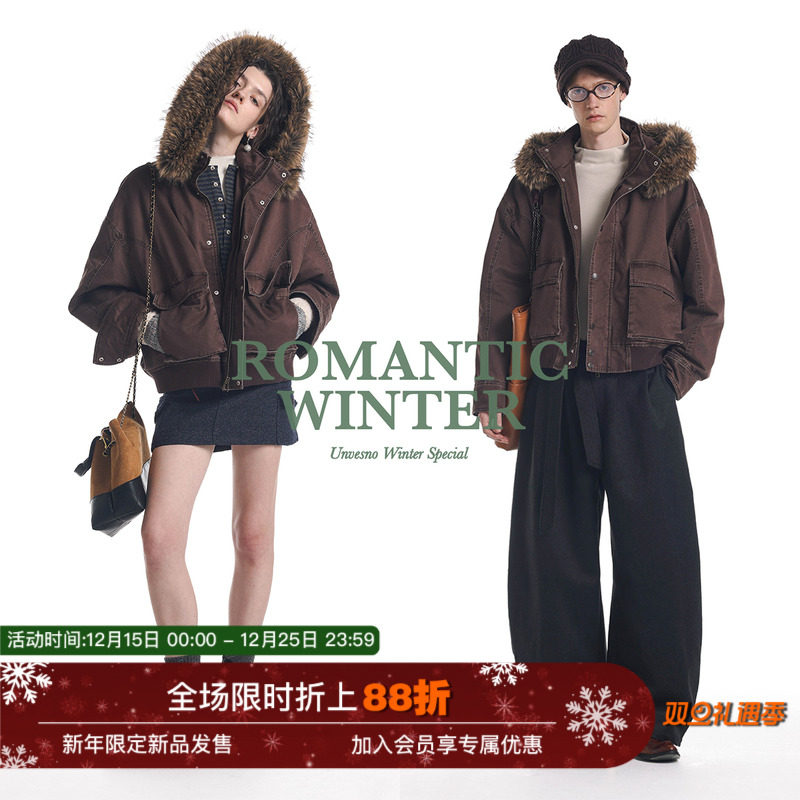 【可拆卸毛领】Unvesno(UN))巴恩风复古怀旧洗褪短廓连帽棉服夹克