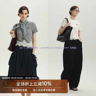 【90%莱赛尔】Unvesno(UN)MIU系定制蕾丝花边拼接瘦身短款女款T恤