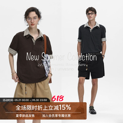 Unvesno(UN)Softfit老钱风翻领假两件拼接色织口袋条纹短袖polo衫