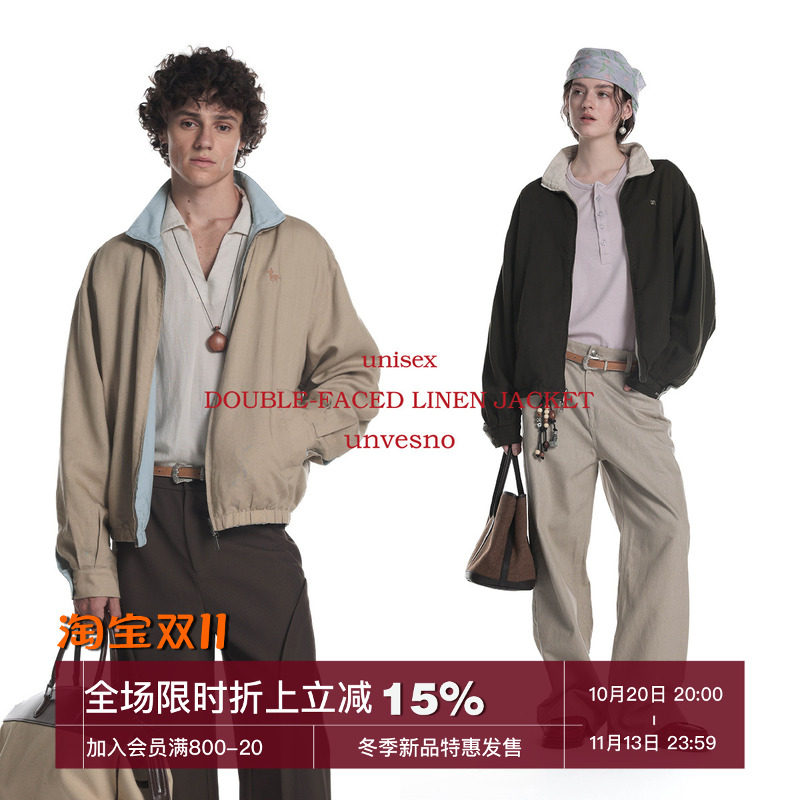 【双面穿】Unvesno(UN)老钱LP风莱塞尔亚麻混纺撞色马标刺绣夹克