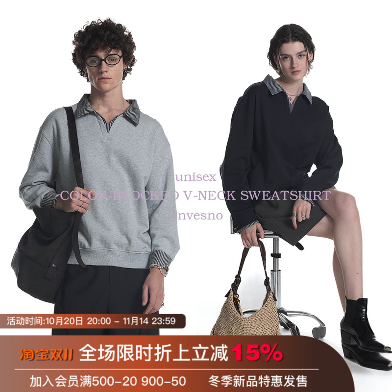 【自发热】(UN)轻休闲自发热条纹衬衫领假两件V领抓绒卫衣
