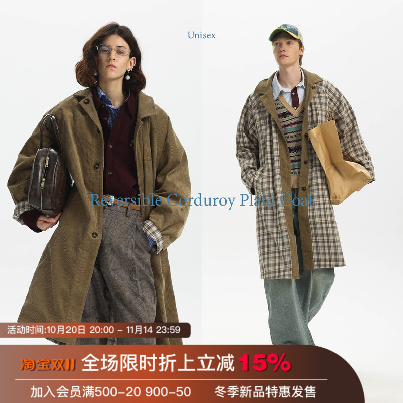 Unvesno(UN)25春夏复古水洗灯芯绒格纹双面穿慵懒长风衣休闲外套