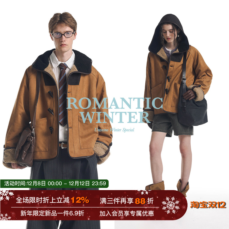 【皮毛一体】Unvesno(UN)中古感重磅麂皮羊羔绒撞色牛角扣夹克