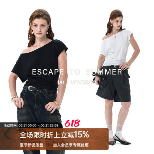 Unvesno(UN)Softfit休闲松弛感斜肩一字肩两穿莫代尔宽松女装T恤