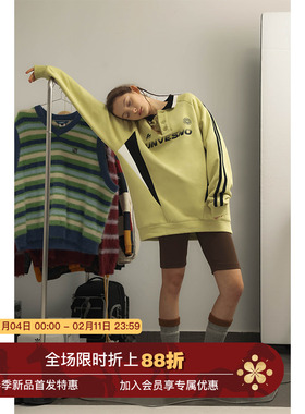 Unvesno (UN) Blockcore风拼接面料撞色POLO加绒卫衣秋冬上衣保暖