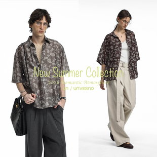 【中古感】Unvesno(UN)度假风腰果花印花莱赛尔亚麻混纺短袖衬衫