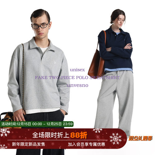 【加绒假两件】Unvesno(UN)学院风高智感撞色翻领休闲Polo卫衣