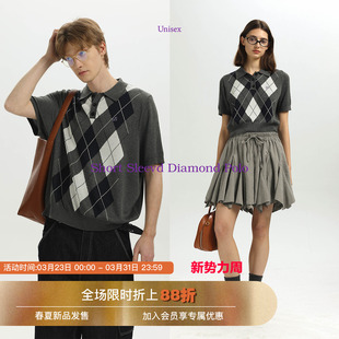 Unvesno(UN)MIU系格雷风复古学院菱格纹刺绣针织POLO毛衣背心秋季