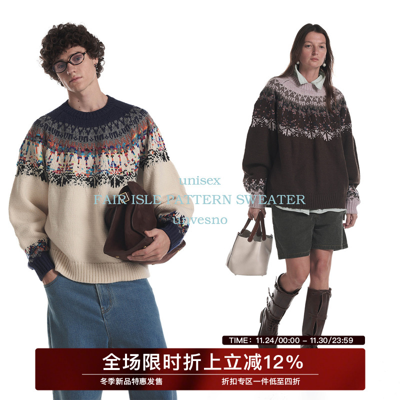【费尔岛】Unvesno(UN)冰岛复古撞色圆领套头羊毛针织厚毛衣保暖
