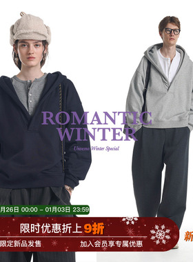 【加绒假两件】Unvesno(UN)静奢高智撞色亨利宽松休闲v领连帽卫衣