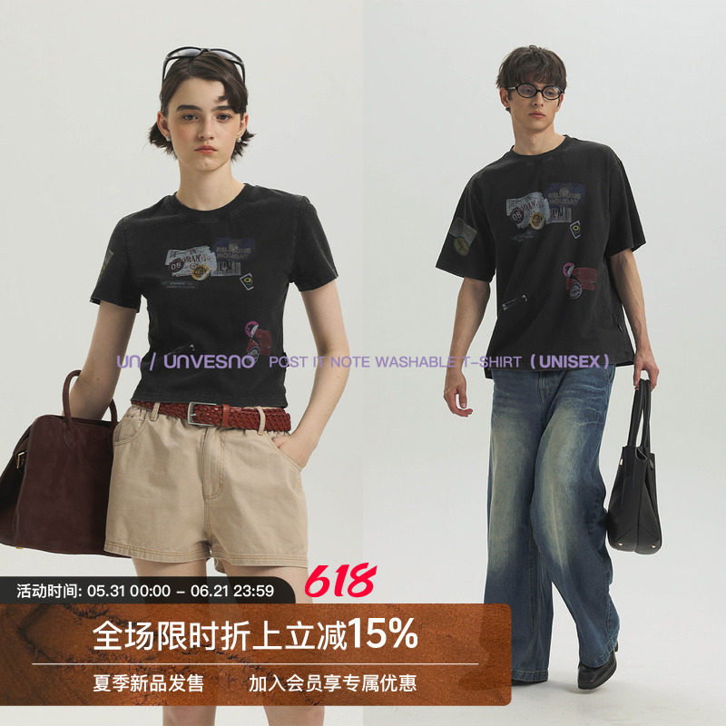 【复古洗水工艺】Unvesno(UN)磨破工艺标签拼贴印花情侣款T恤