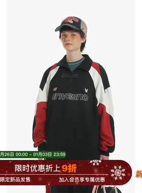 Unvesno (UN) Blockcore风撞色拼接拉链翻领秋冬加绒卫衣保暖