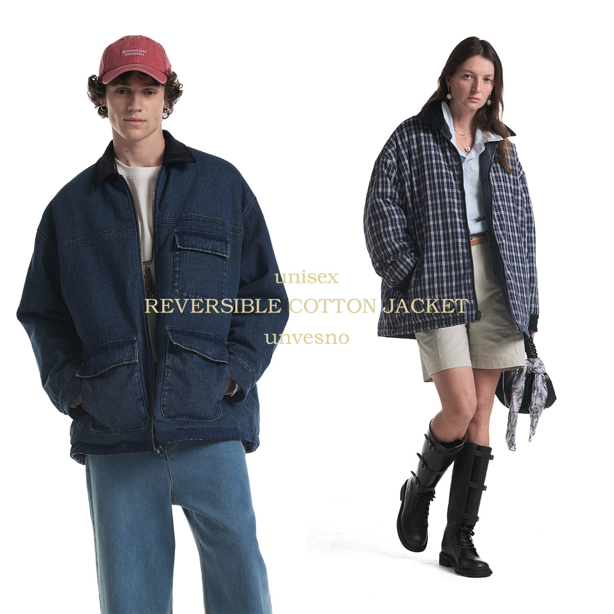 【双面穿】Unvesno(UN)复古中长款牛仔工装厚款夹克格纹棉服保暖
