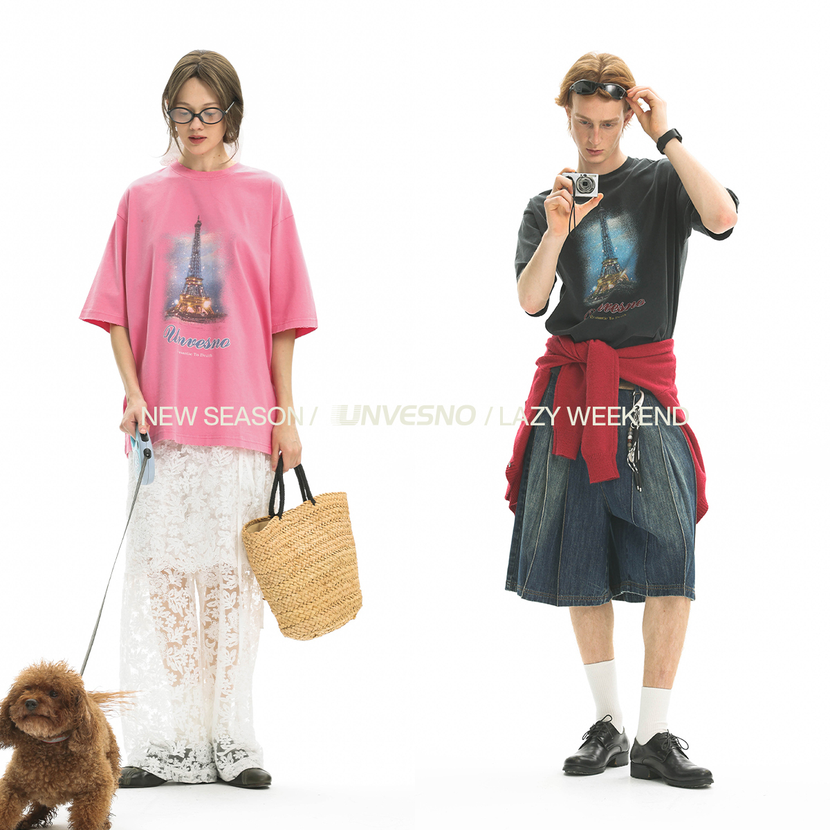 Unvesno(UN) NewVintage巴黎铁塔水洗做旧圆领宽松男女短袖T恤