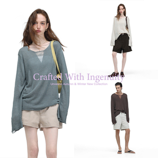 【莱赛尔亚麻混纺】Unvesno(UN)老钱风V领抽丝工艺轻薄针织衫