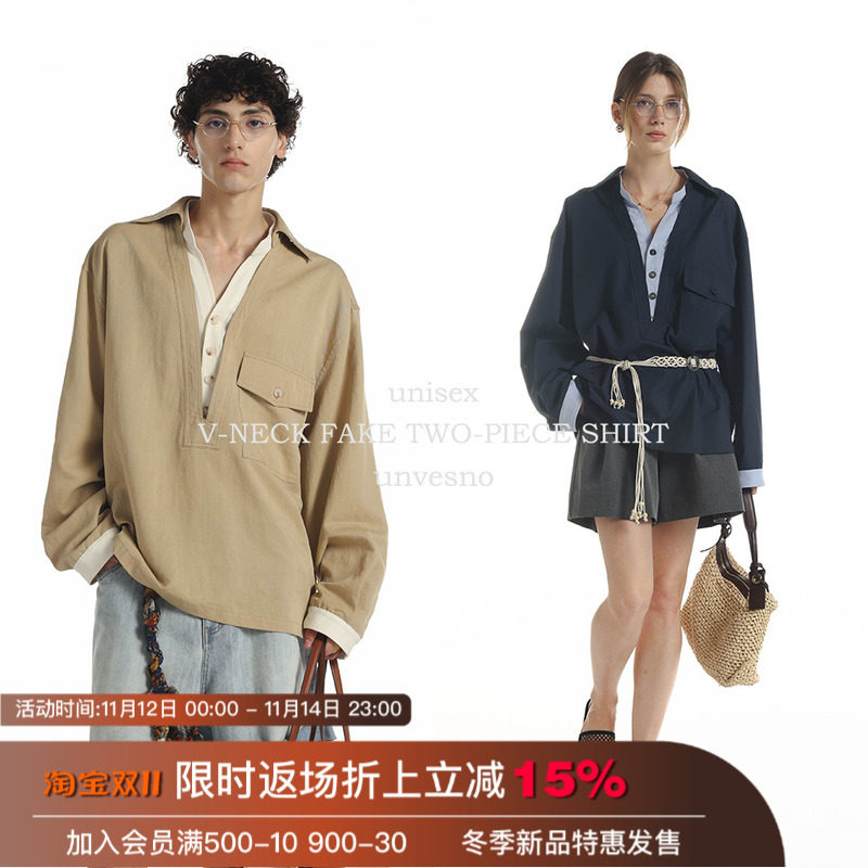 Unvesno(UN)老钱莱赛尔天丝V领假两件撞色宽松休闲长袖衬衫