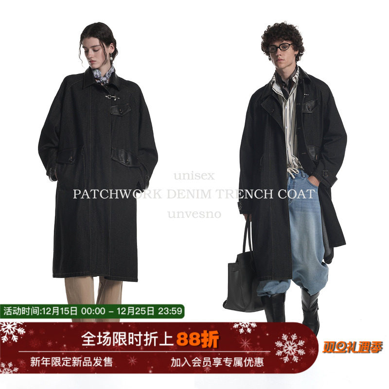 【做旧水洗】Unvesno(UN)飞机扣复古保暖皮革拼接黑牛仔风衣外套