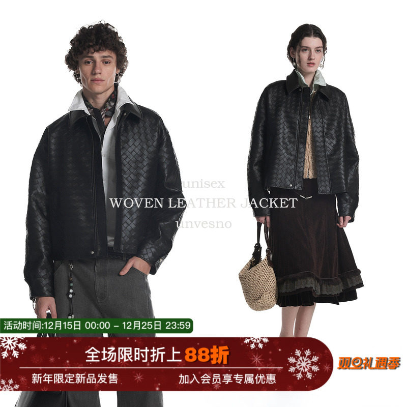 【编织纹理】Unvesno(UN)意大利高级保暖皮革短阔夹克编织外套秋