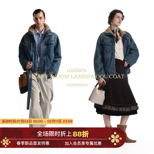 【配腰带】Unvesno(UN)水洗重工短廓保暖羊羔绒保暖夹克牛仔外套