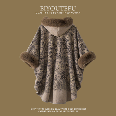 碧幽特弗加厚连帽蝙蝠袖毛呢斗篷