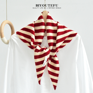 100%羊毛三角巾条纹红白披肩女外搭针织红色保暖小围巾领巾批肩