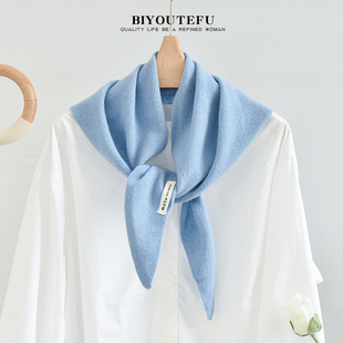100%纯羊毛针织三角巾披肩女秋冬季保暖护颈围脖蓝色小围巾男