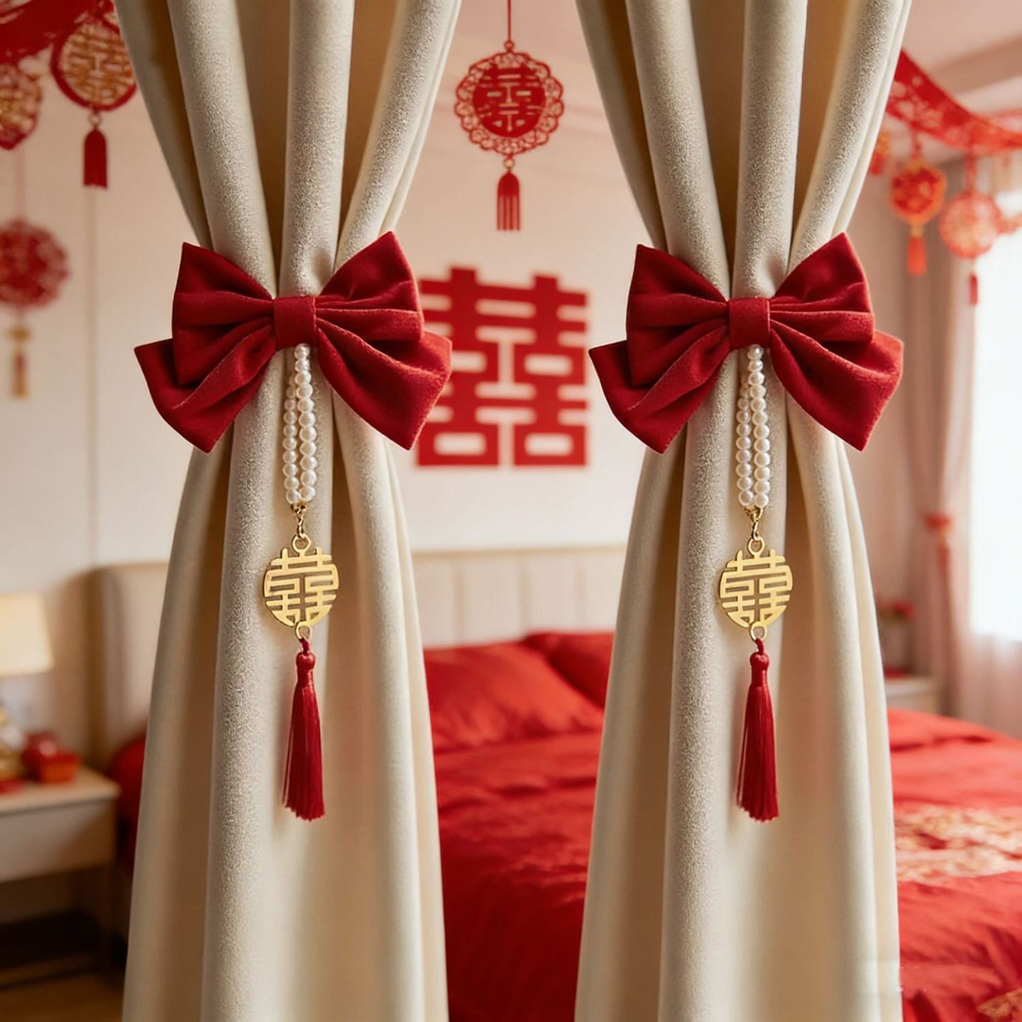 结婚高档窗帘婚房窗帘绑带布置装图片