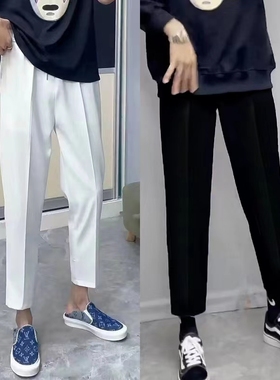 春秋季直筒抽绳白色小西裤男士潮流社会精神小伙学生九分休闲裤子