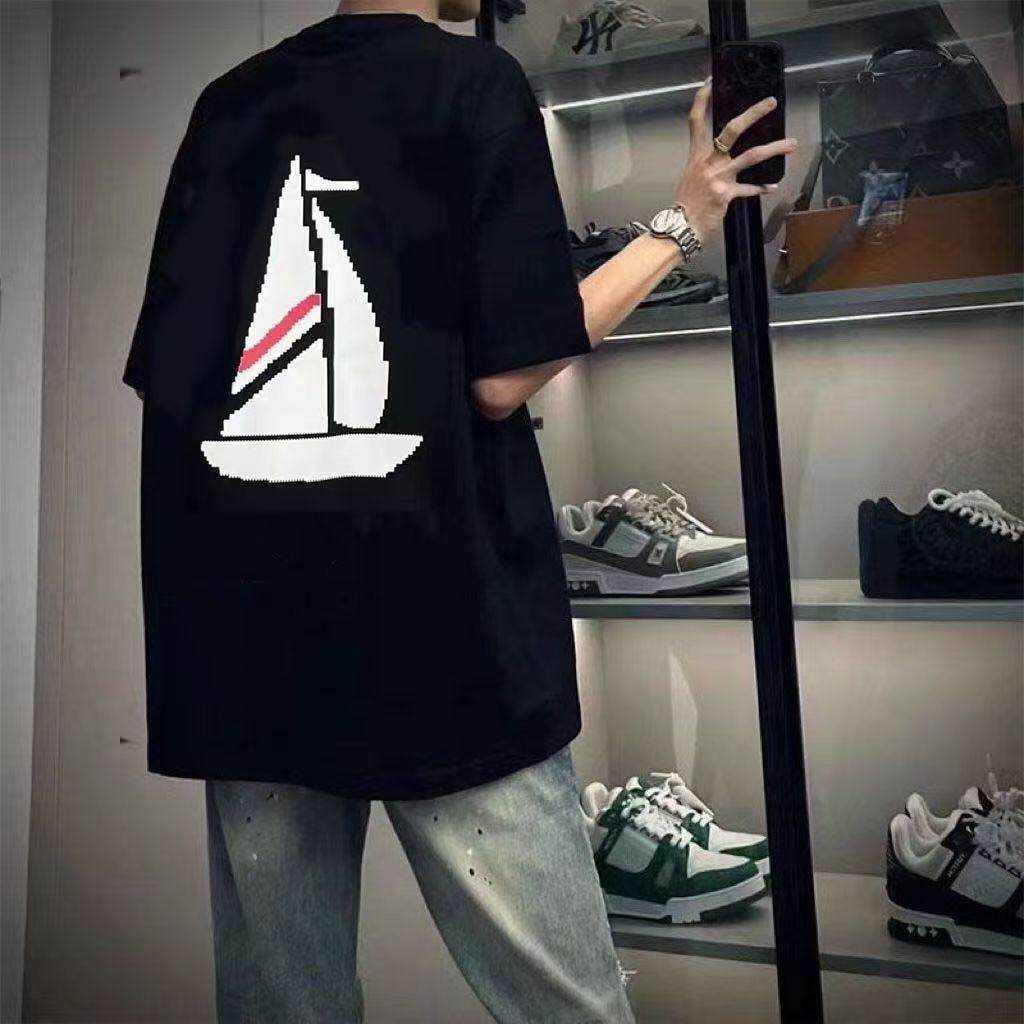 夏季潮牌新款TB风格帆船印花短袖t恤男宽松短袖网红同款纯棉体恤