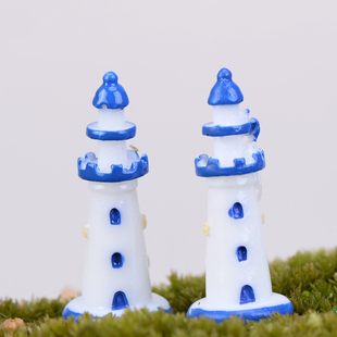 微景观现代树脂工艺品仿真建筑地中海风格 白色蓝边灯塔水族小摆件