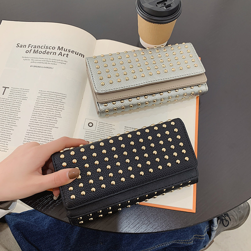 2023新款女士钱包女长款手拿包复古铆钉折叠多卡位大容量手机钱夹,箱包皮具/热销女包/男包,钱包,淘宝优惠券,粉丝福利购,淘宝优惠卷