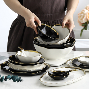 北欧轻奢金边餐具创意荷叶陶瓷碗盘沙拉碗西餐盘情侣餐具自由组合