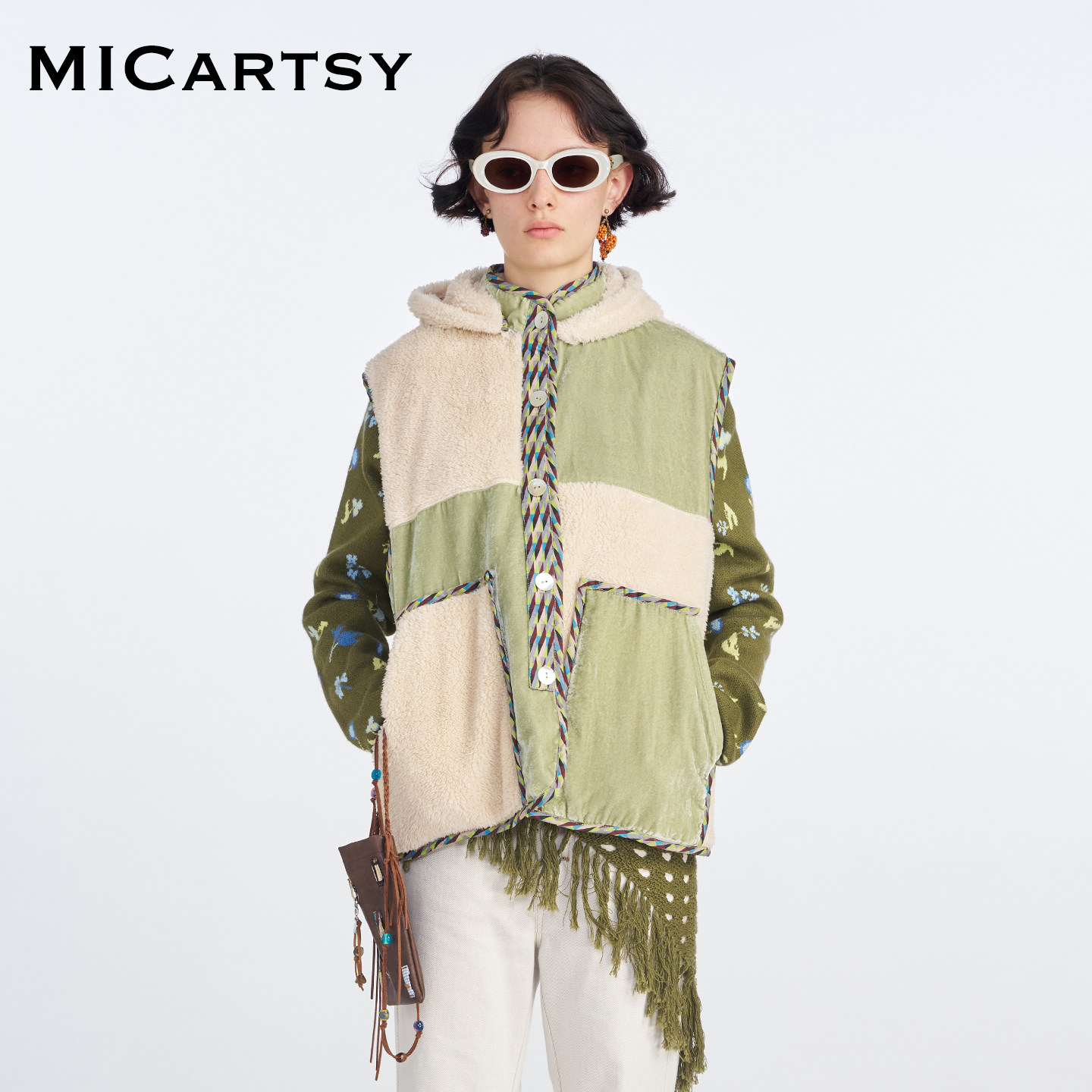 MICartsy王紫珊2025秋冬新款绿色丝绒拼接人造羊羔毛马甲外套女