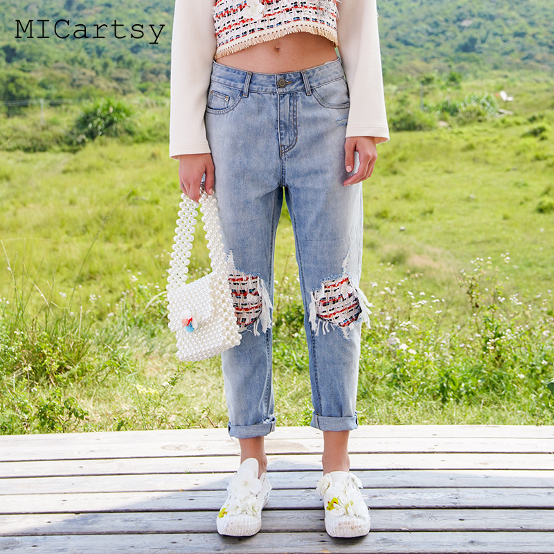 MICartsy王紫珊2020夏季新款拼布破洞牛仔裤女长裤高腰原创设计