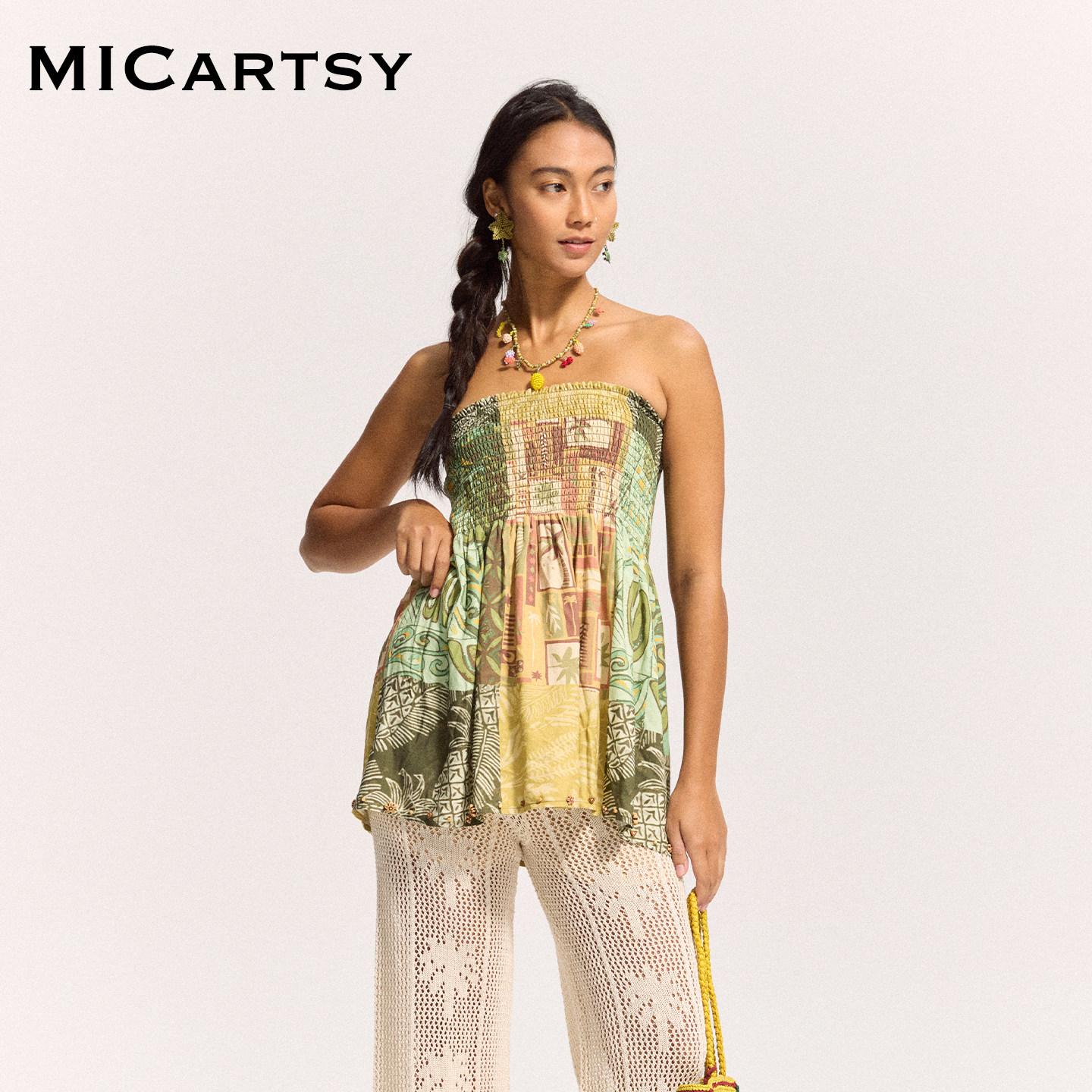 MICartsy春夏新款花色夏威夷复古印花拼接打揽设计感抹胸上衣女
